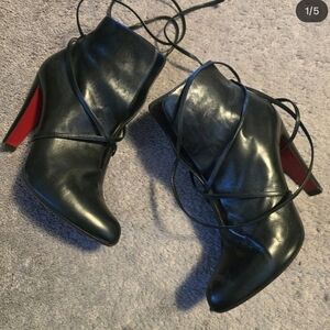 Christian Louboutin Black Leather Lace-Up Ankle Booties with Red Sole Accent